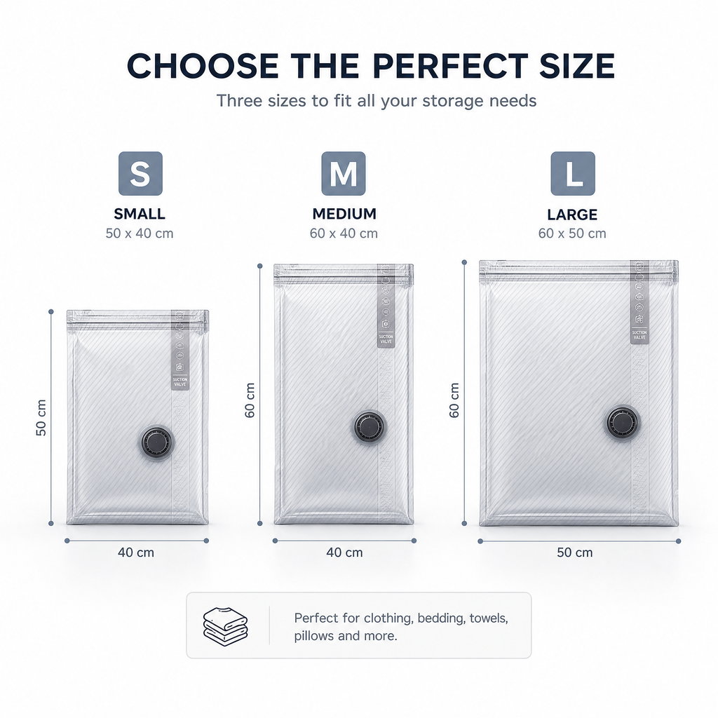 Travel vacuum bag size guide for small, medium and large bags