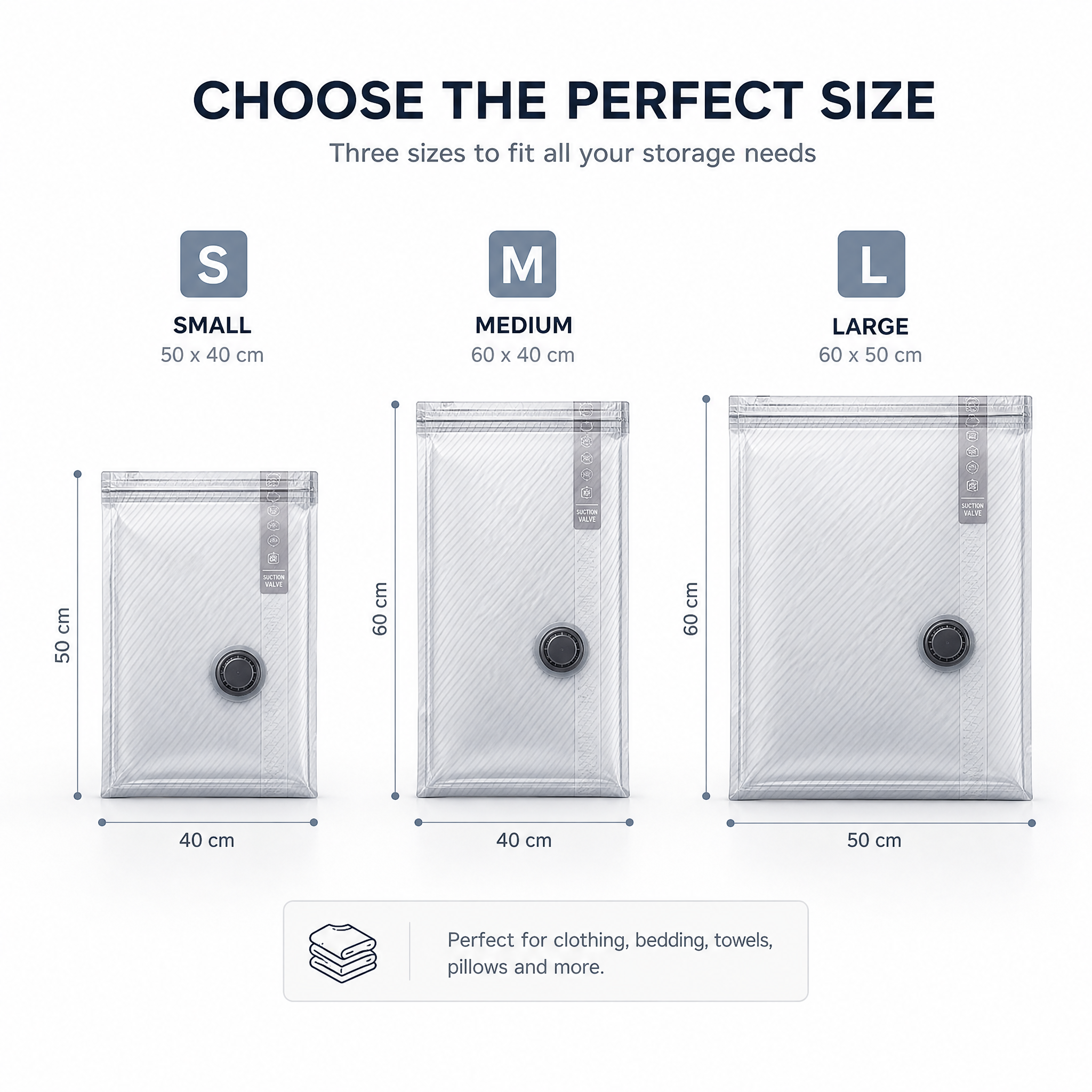 Travel vacuum bag size guide for small, medium and large bags