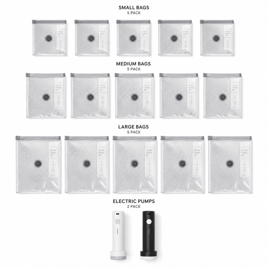 Travel vacuum bag set with five small, five medium and five large bags