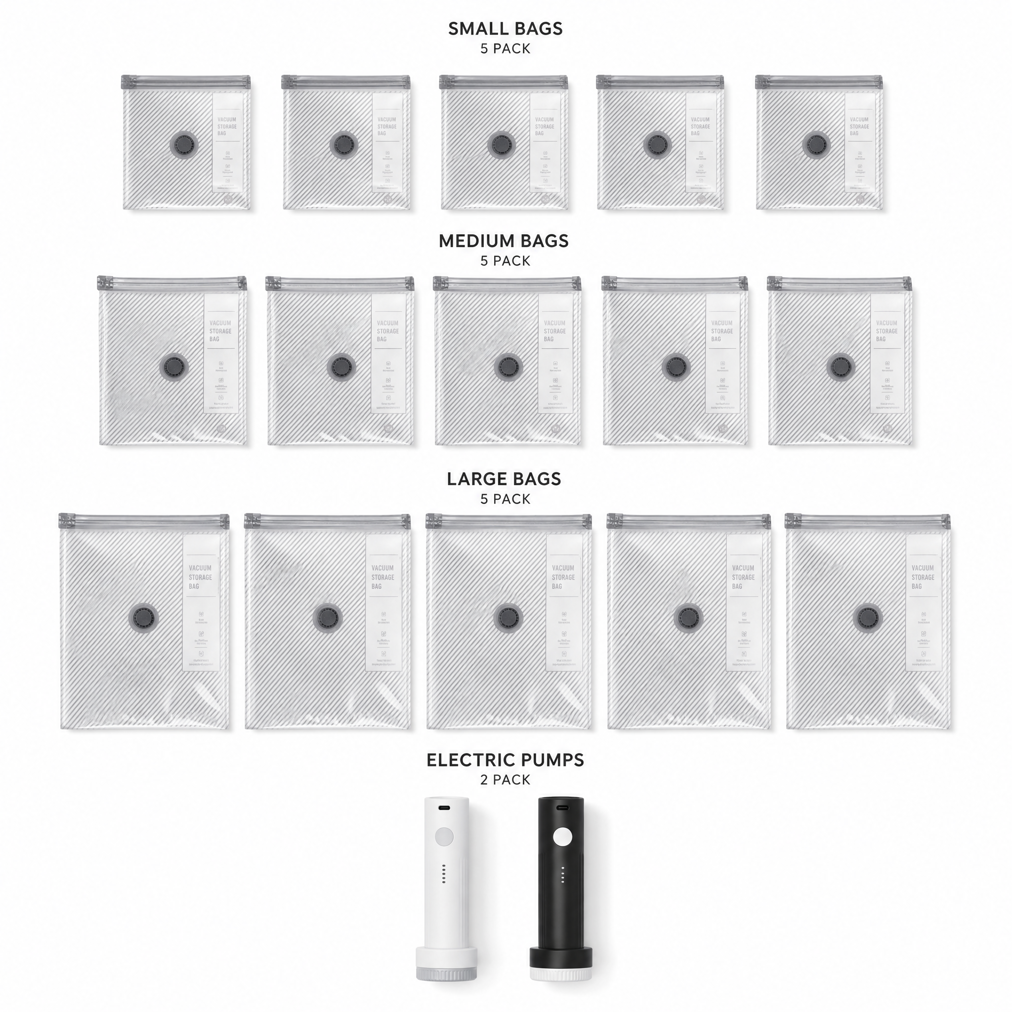 Travel vacuum bag set with five small, five medium and five large bags