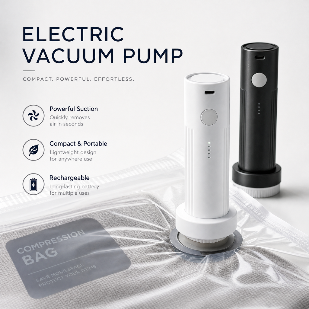 Rechargeable electric pump for travel vacuum compression bags