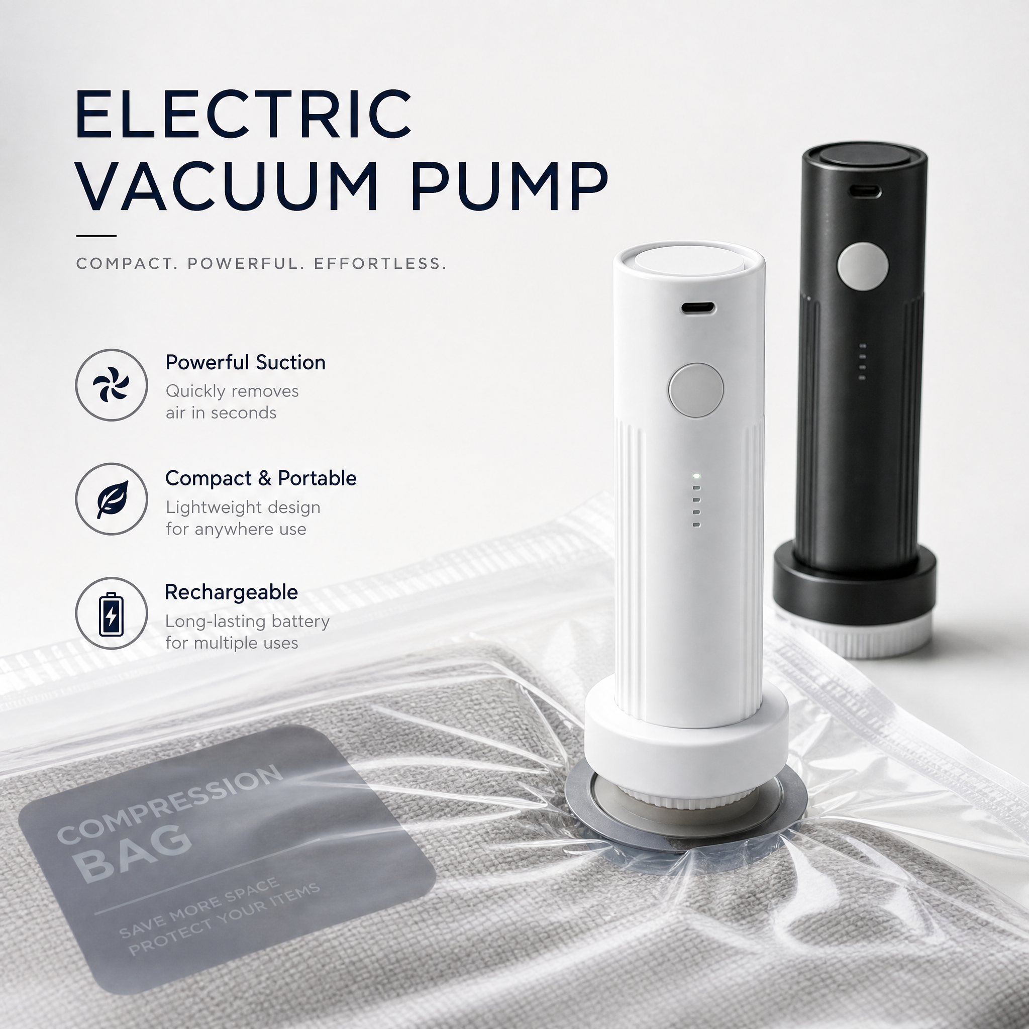 Rechargeable electric pump for travel vacuum compression bags