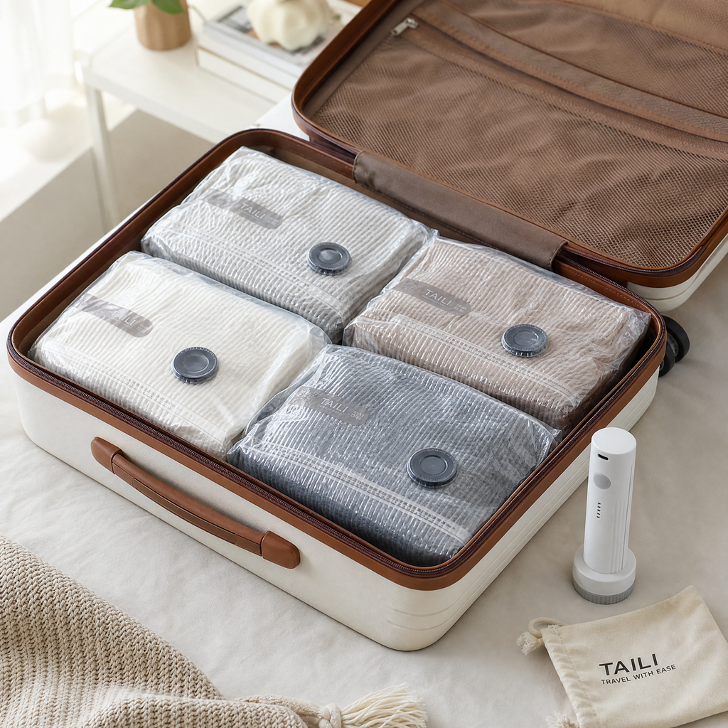 Compressed travel vacuum bags packed neatly inside a suitcase