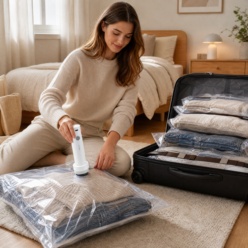 Woman packing a suitcase with travel vacuum bags and an electric pump