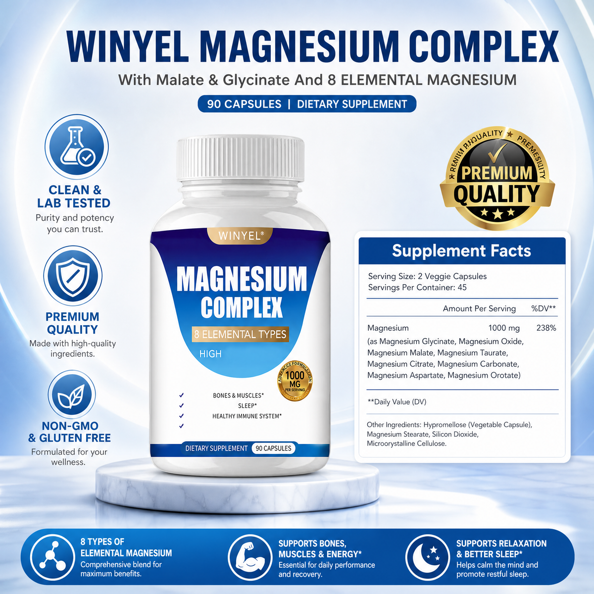 Magnesium Complex 1000mg – 8-in-1 with Glycinate | 90 Vegan Capsules