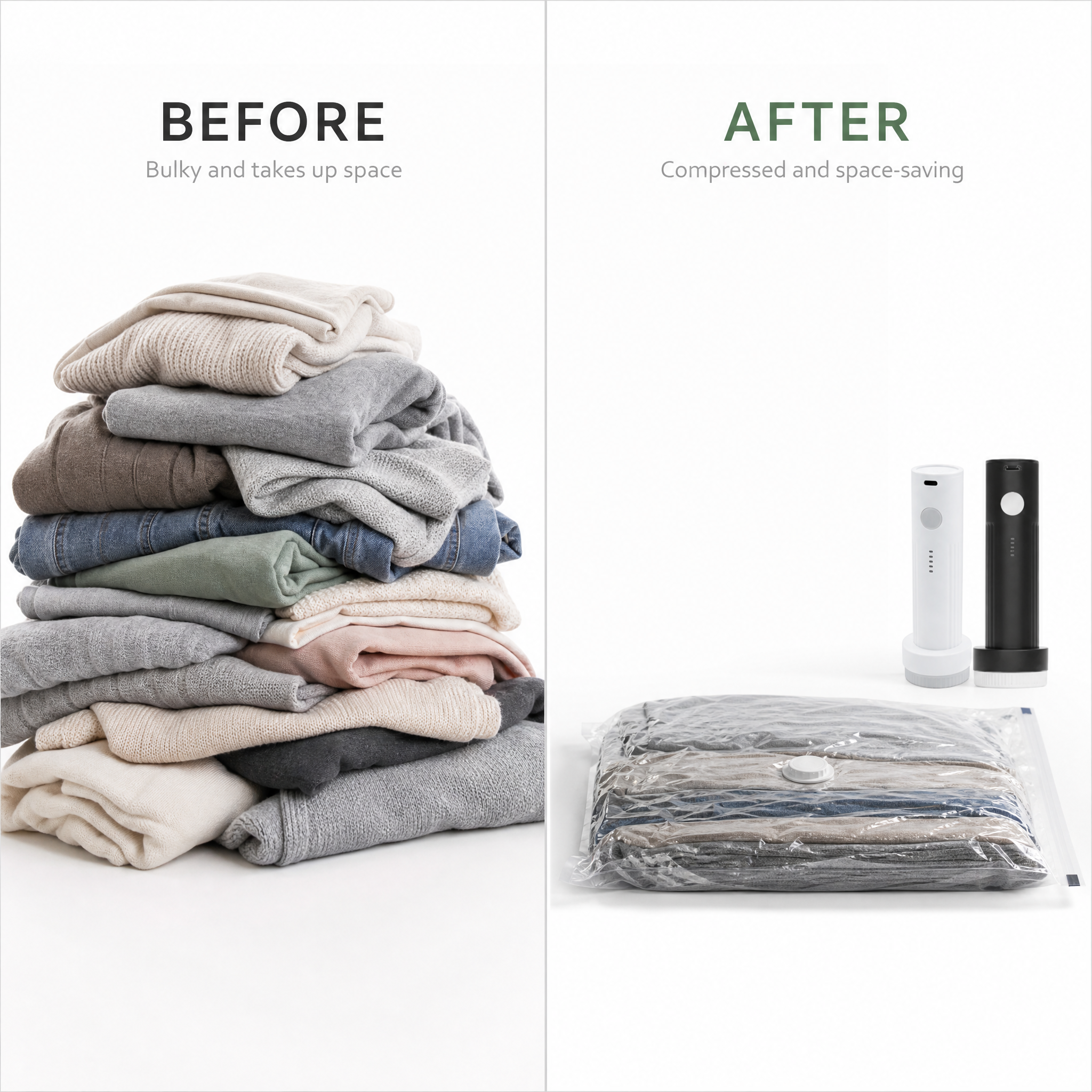 Clothing before and after compression in a travel vacuum bag