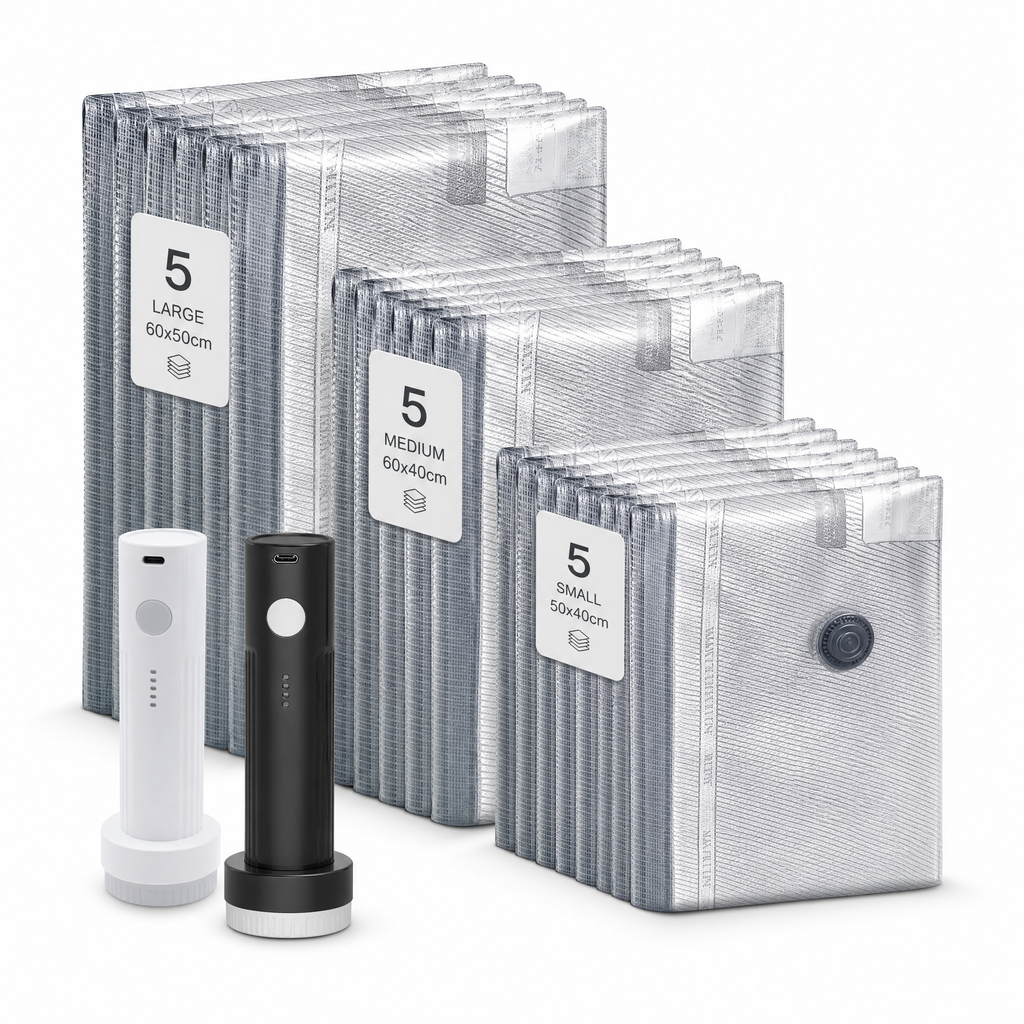 15 travel vacuum bags in three sizes with a rechargeable electric pump